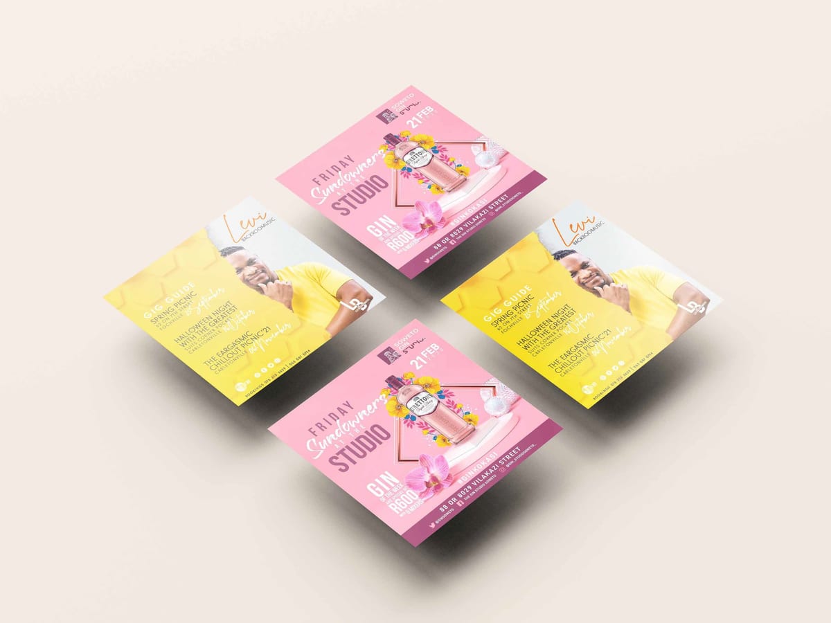 Colorful flyer design mockup arranged on a light background