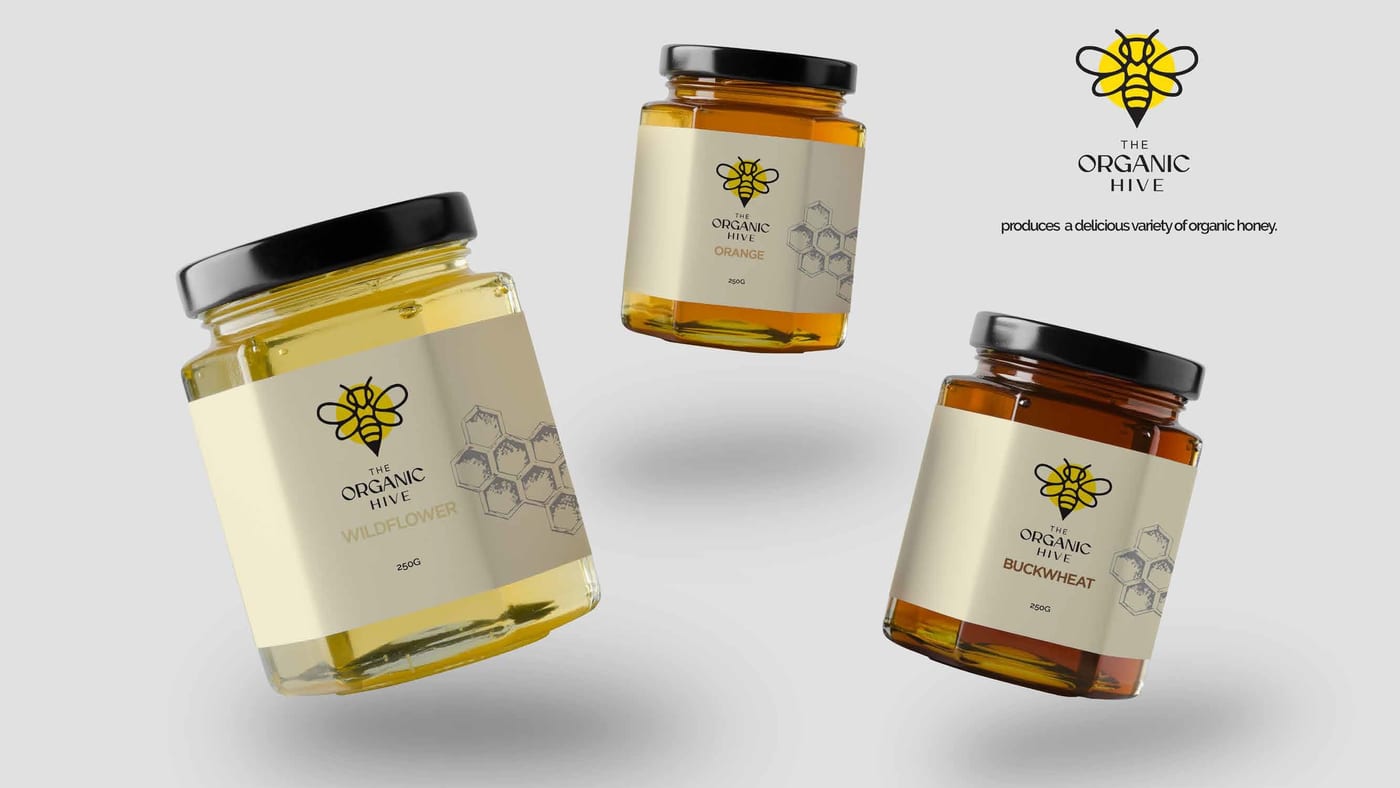 Organic Hive honey packaging and label design mockup
